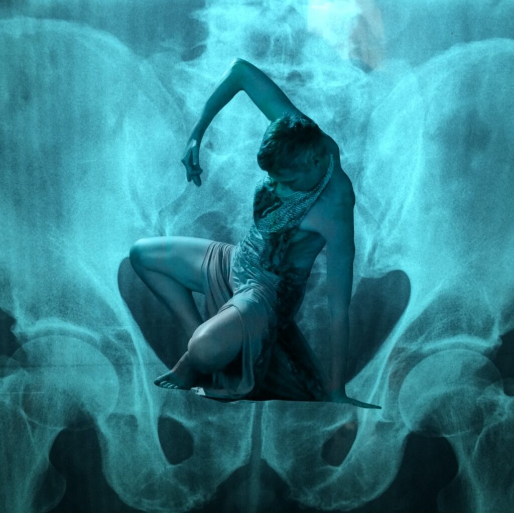 dancer unfolding upwards inside of x-ray of human pelvis